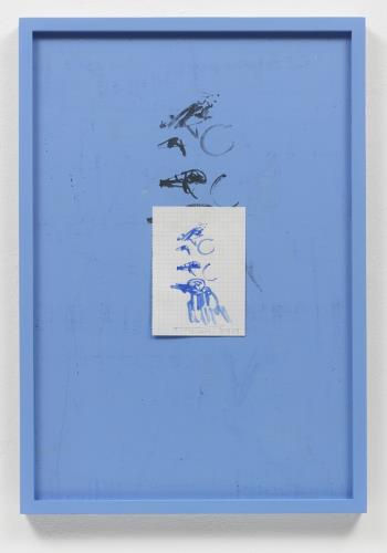 Aribert von Ostrowski Bleu 1-9 (6) 2009/2011 Plaka casein on wooden frame, UV 100, watercolor on gridded paper (5/20/09), black-and-white copy, and Plaka casein on newspaper page on museum board 53.1x37.2x2.5cm Courtesy of Galerie Christine Mayer, Munich