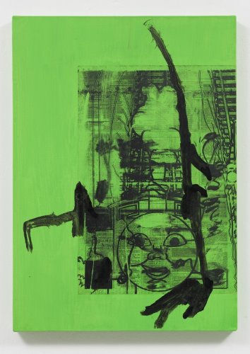 Aribert von Ostrowski Untitled Green (HRP) (2009) ink, black-and-white copy, and Plaka casein on newspaper page on canvas 70x50x3.5cm Courtesy of Galerie Christine Mayer, Munich