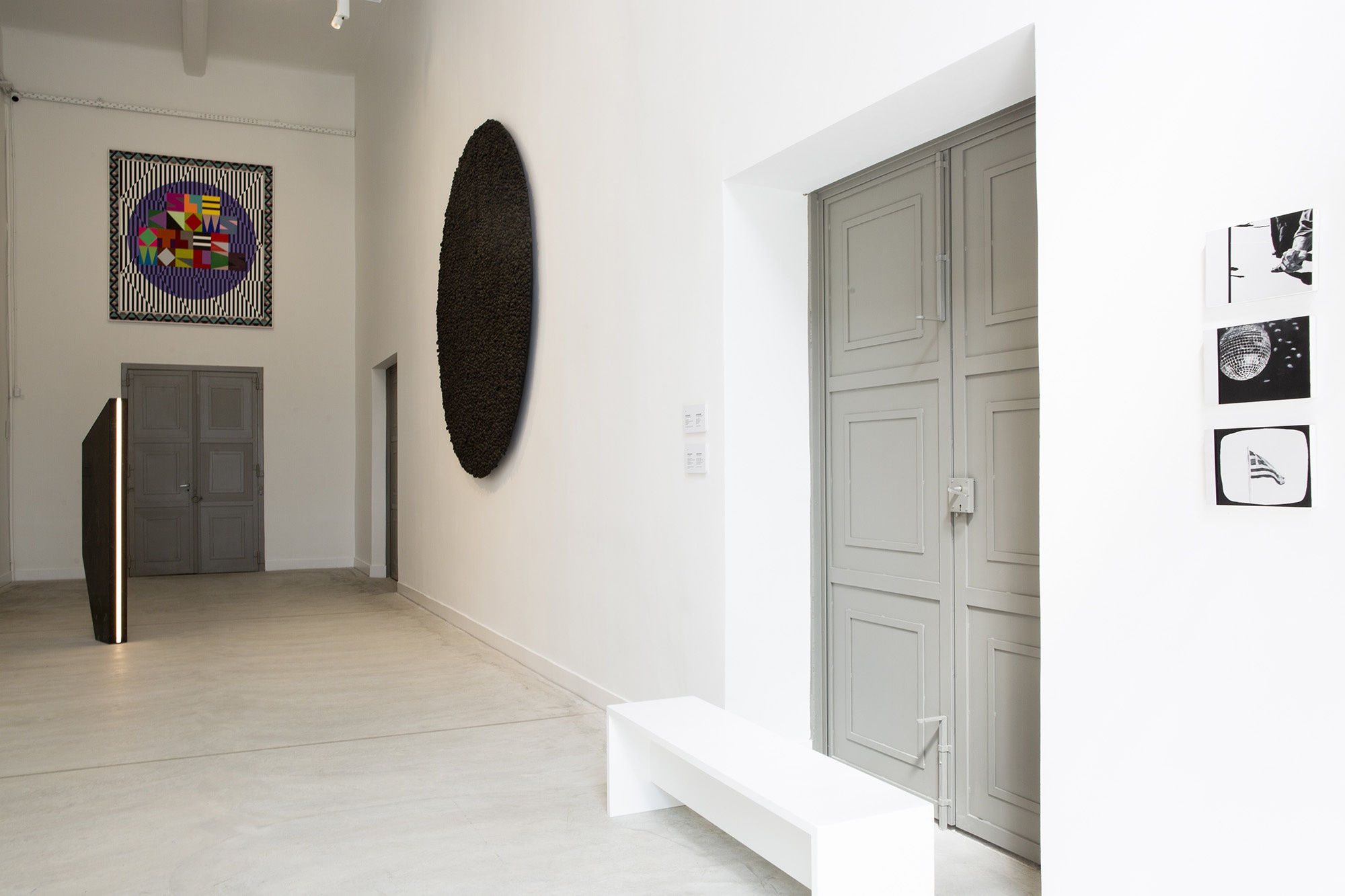 Installation View Portals, Hellenic Parliament + NEON at the former Public Tobacco Factory, Photograph © Natalia Tsoukala From left to right: Kapwani Kiwanga, Jeffrey Gibson, Kostas Bassanos, Eirene Efstathiou Courtesy NEON