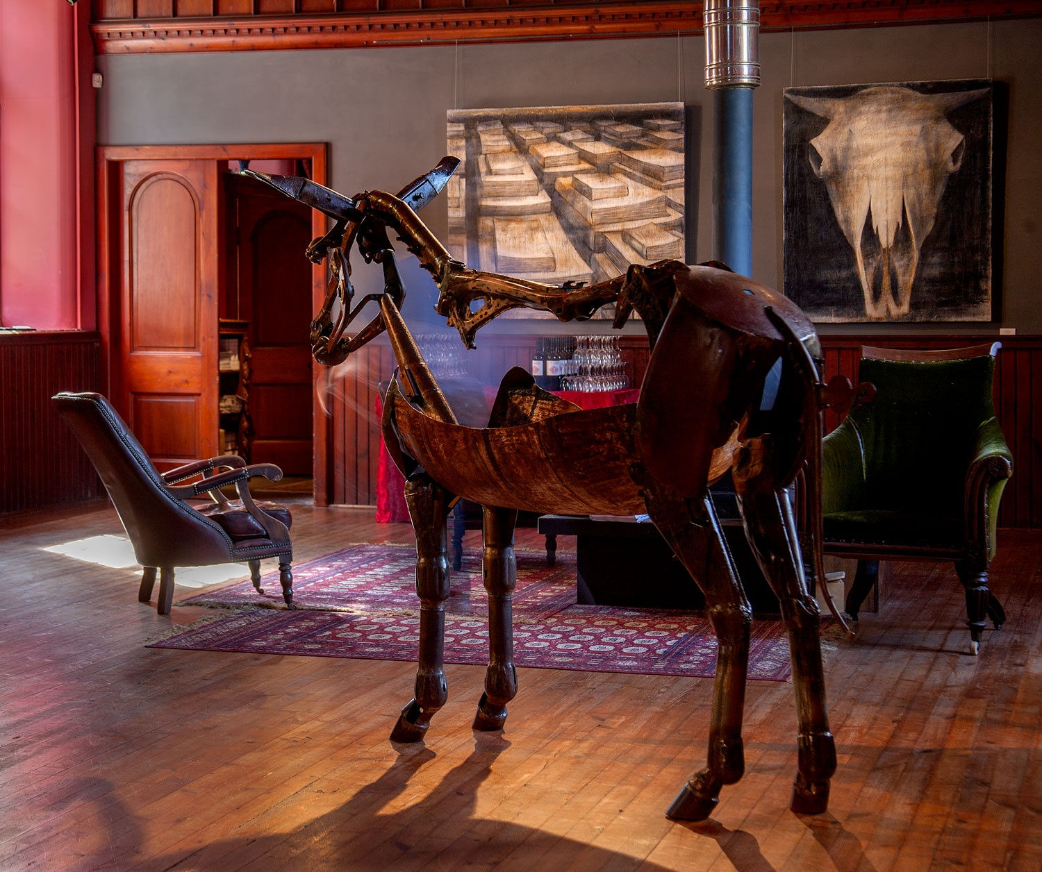 HELEN DENERLEY's donkey, empty chair and PETER white 'books' and 'skull 5.' AUGUST 2017