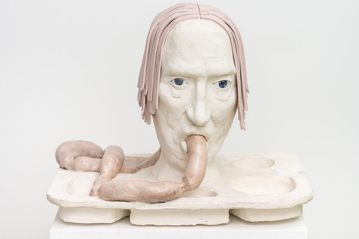 Dominic Watson Push Gently, 2021 Paper clay, plasticene, glass eyes 38 x 26 x 28cm