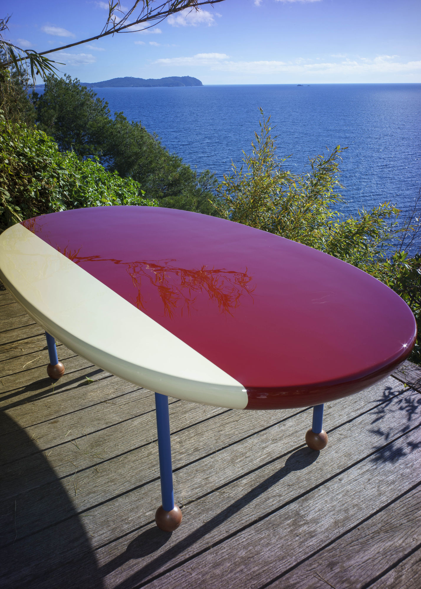 Superpoly Surfff Table, 2025 ⁠Carved foam, fiberglass / carbon and epoxy coating, paint, varnish, steel tube powder coated, PVC float, bolts