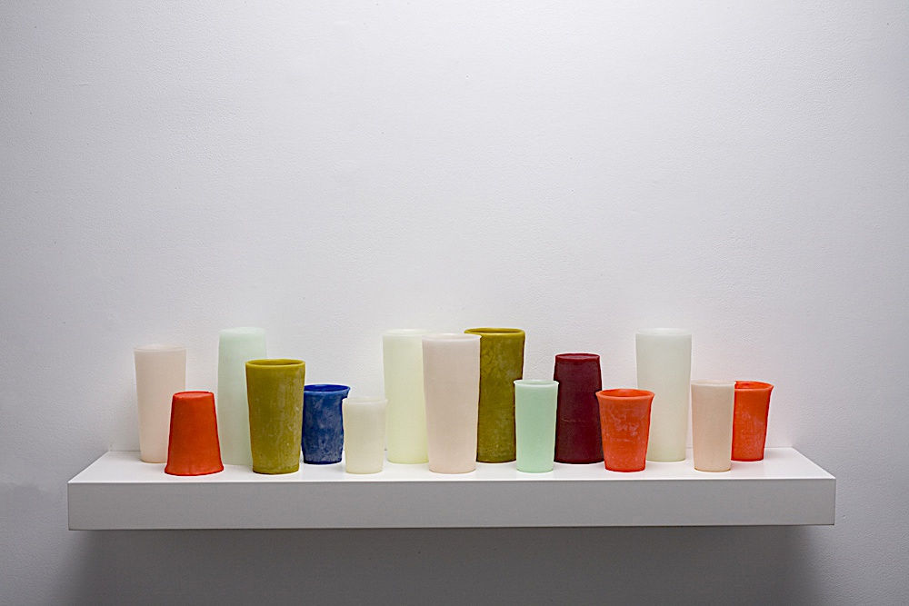 George Stoll, Untitled (15 tumblers on a 36 inch shelf #3), 2012
