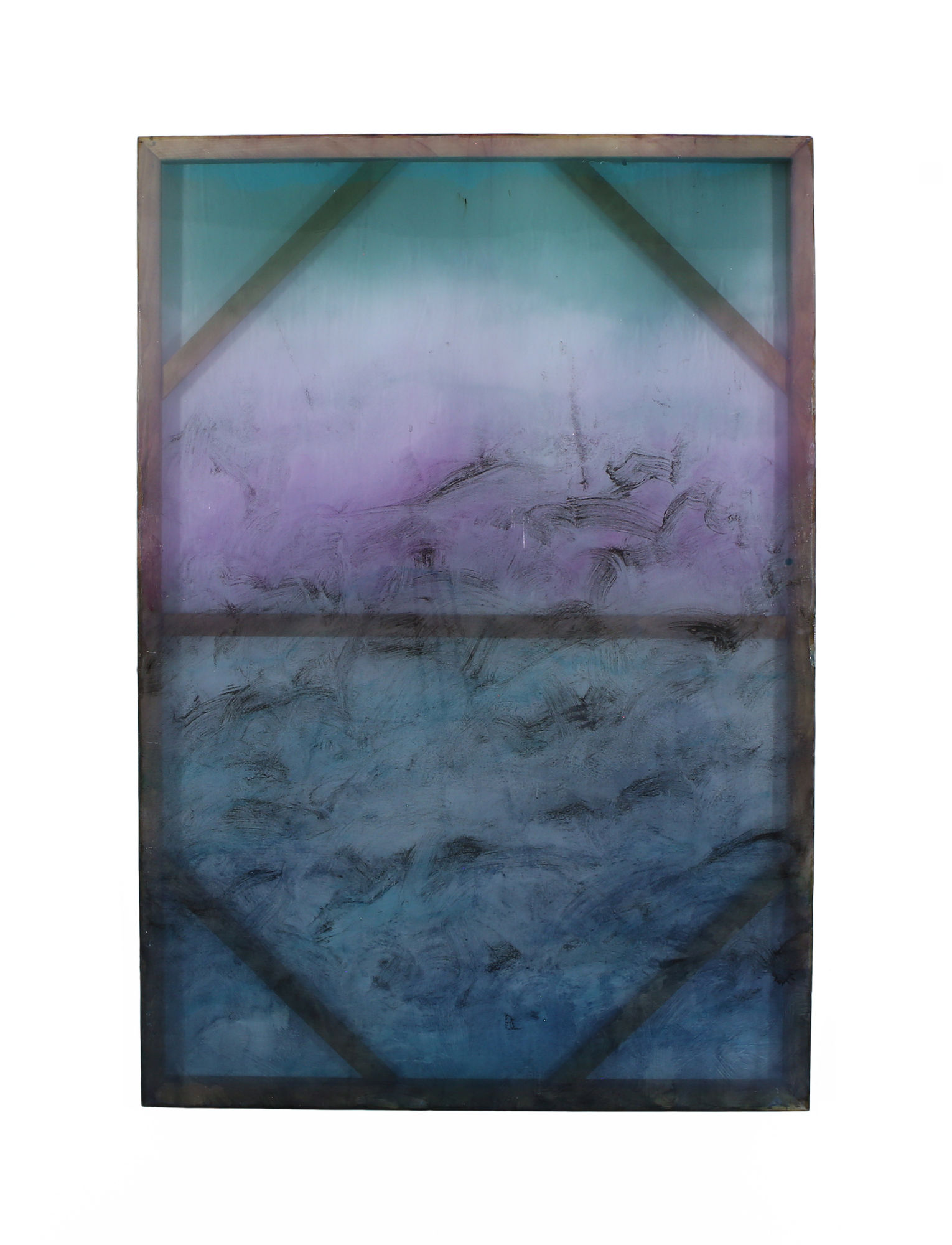 Chris Watts Untitled, 2025 Pigment derived from Costa Rican volcanic black sand (composed of magnetite, ilmenite, augite, pyroxene, and basaltic glass), Peruvian pigments, indigo, resin, acrylic, silk, stained wood 162.6 × 111.8 cm 64 × 44 in