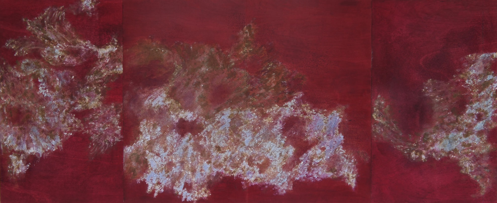 Taqwa Ali We rose like luscious grass on phosphorous fields , 2025 Hibiscus, animal skin glue, soil emulsion on wood panel varnished in archival spray 122 × 296 cm (48 × 116 1/2 in)