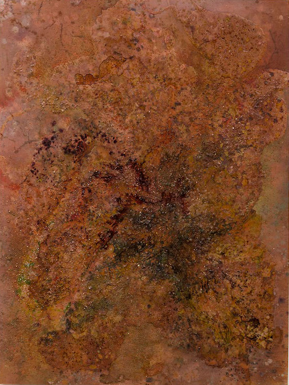 Tonia Calderon Keep Pace. Don’t let the earth pass you by, 2025 Acrylic, floral pigment, ink, fuel, sand, glass and resin on panel 48" x 36" x 2 ¹⁄₂" (121.92 x 91.44 x 6.35 cm)