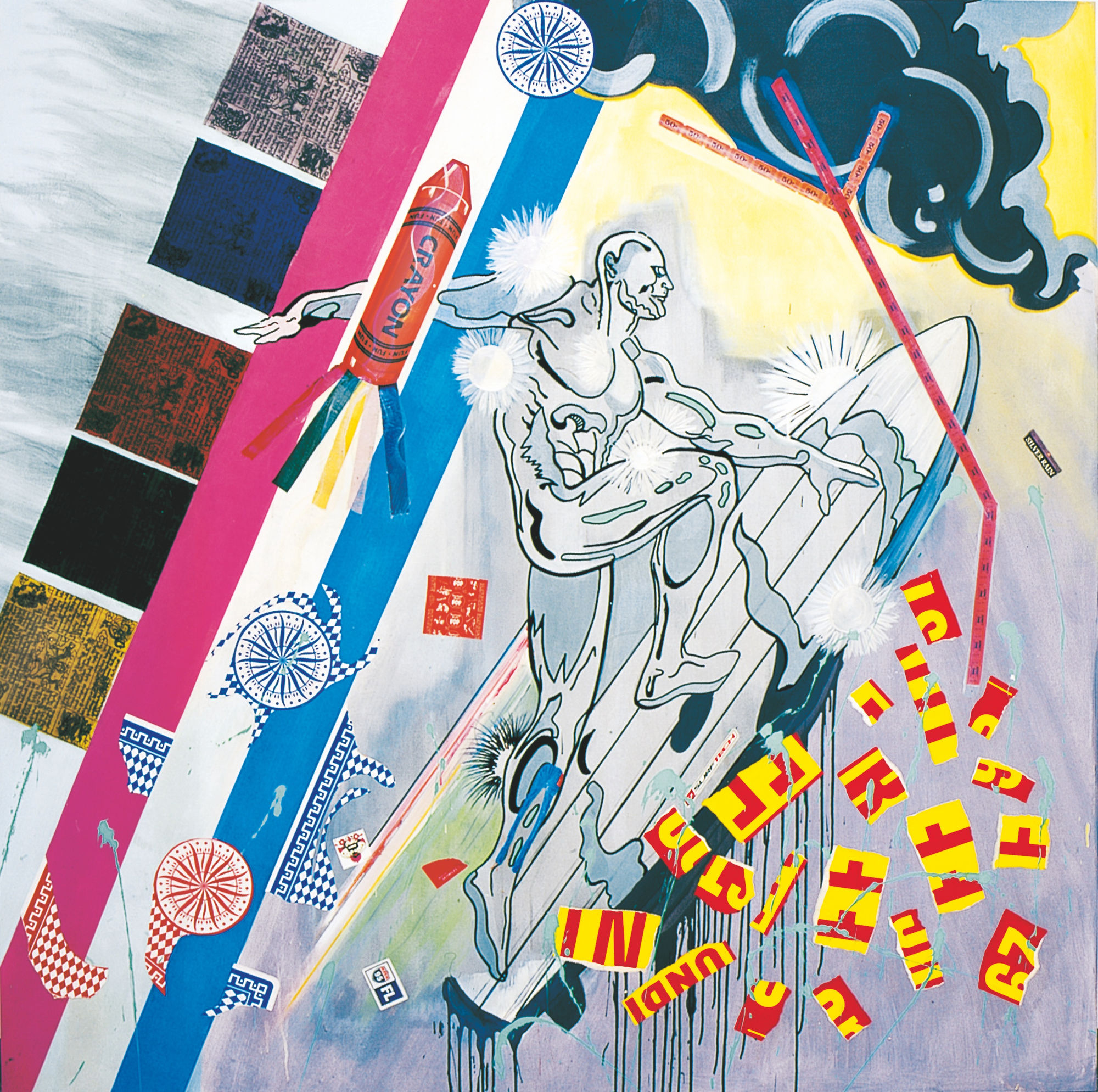 Post Rapture Debris SIlver Surfer, 2008, acrilico e collage su tela, cm 215x215