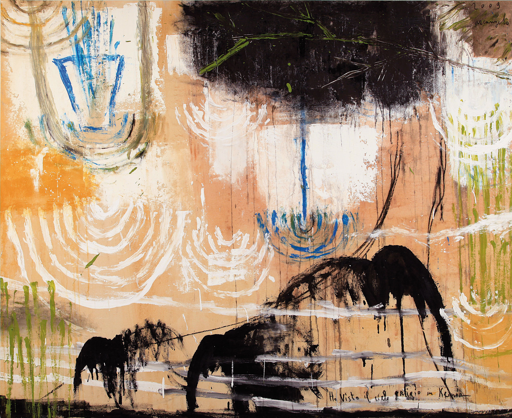 Ho visto il cielo grigio in Kenya, 2010, tecnica mista su tela, cm 138x176