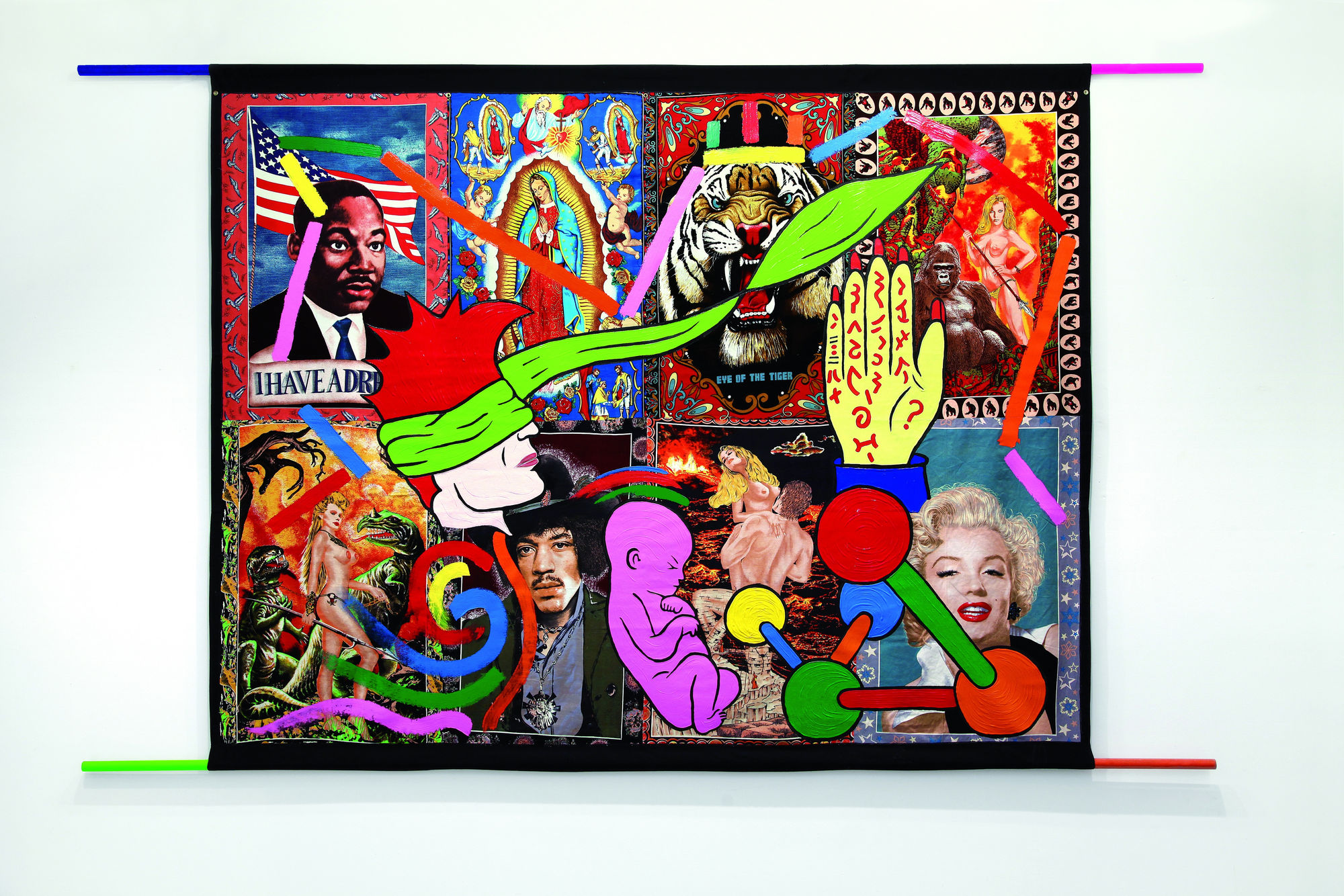 My Future is None of my Buisness, 1985, acrilico e serigrafia su tappezzeria, cm 270x420