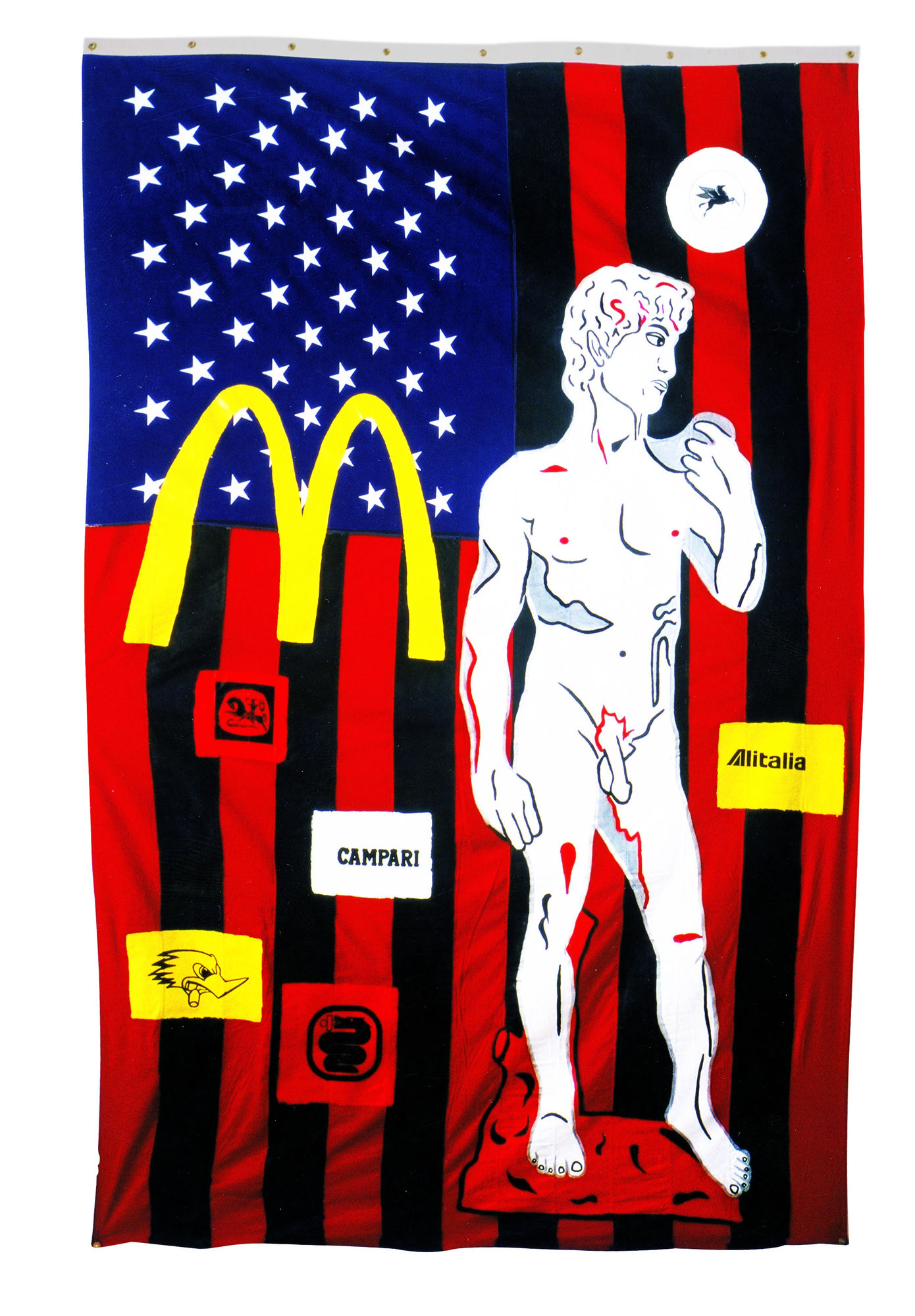 David and the Corporate structure, 1987, acrilico e serigrafia su bandiera americana, cm 300x470