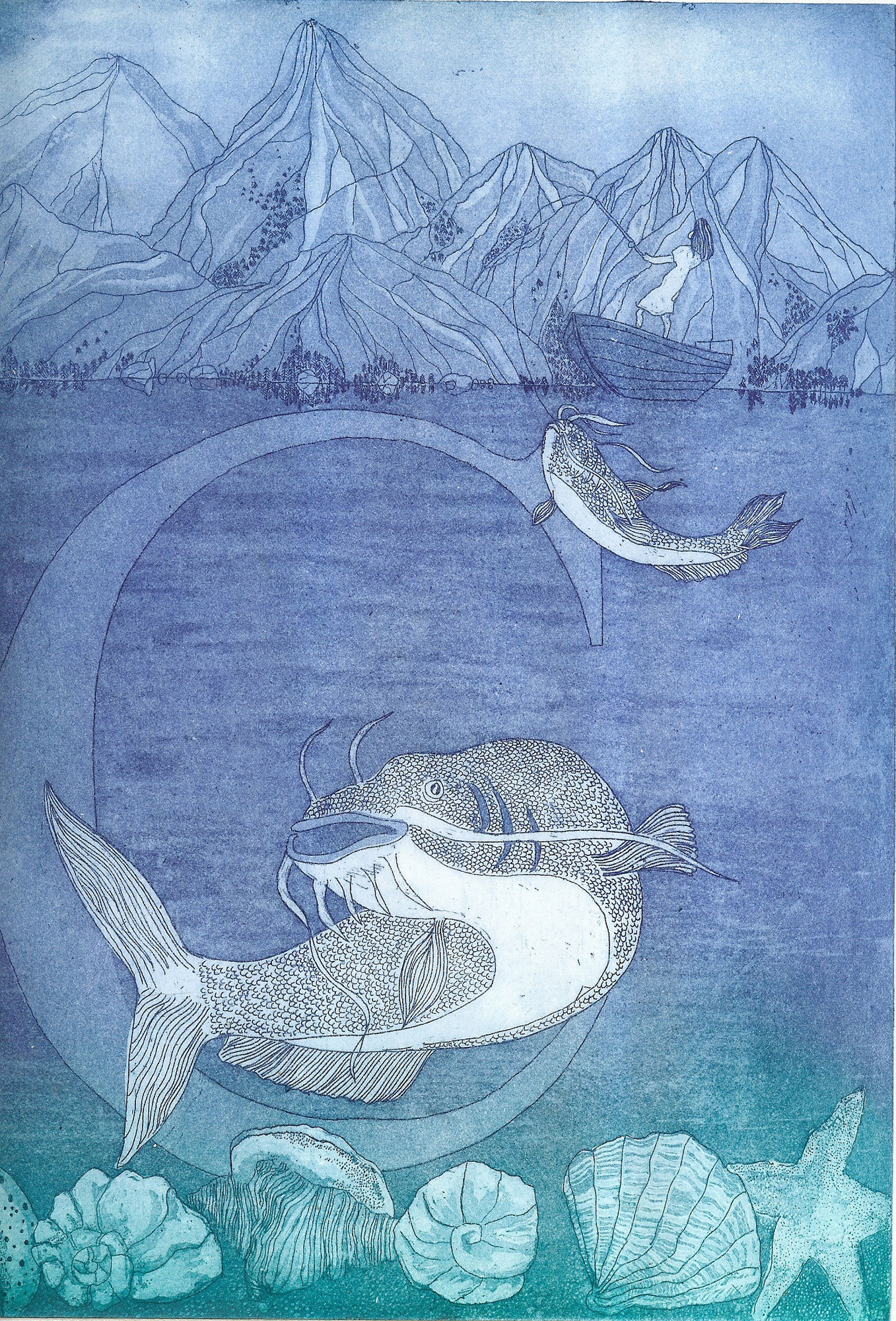 etching print of a catfish