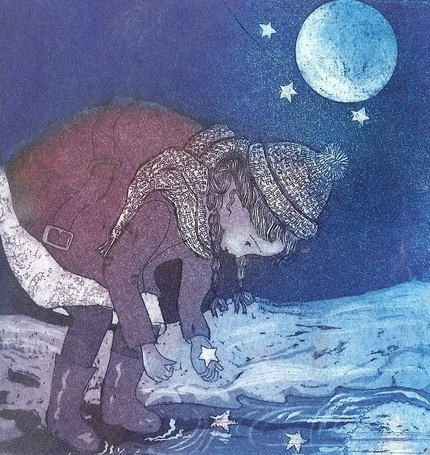 Girl and moon etching print