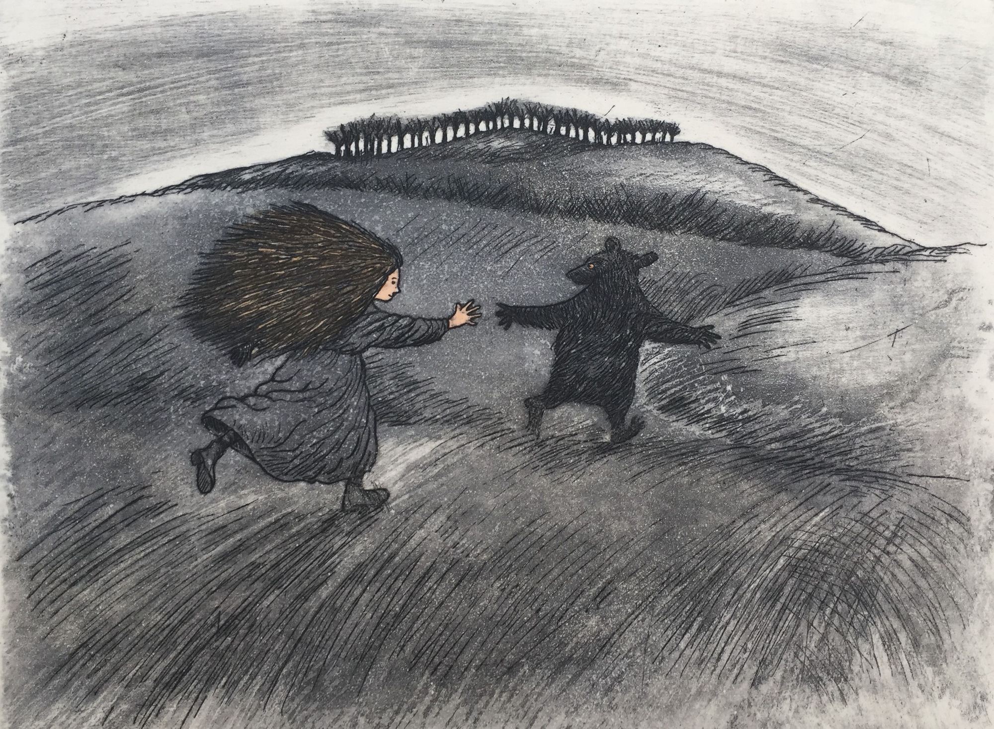 Girl running with a bear etching