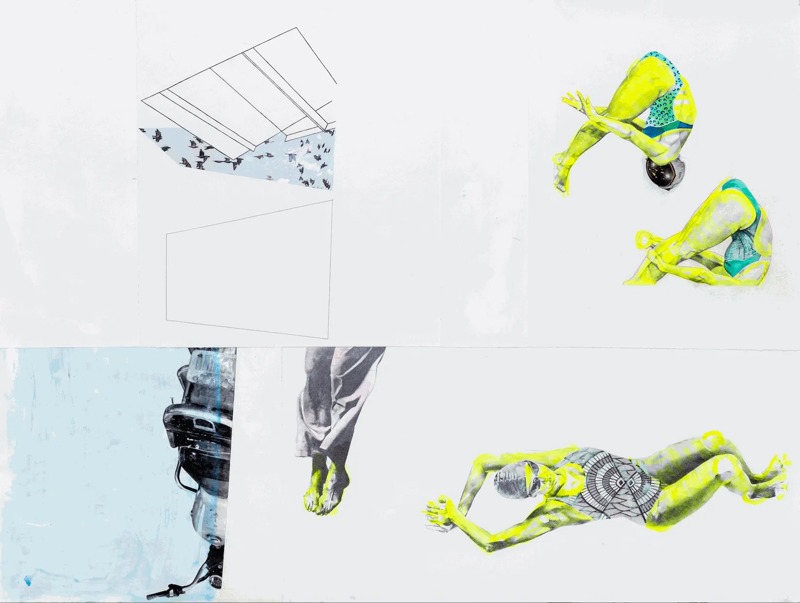 the divers II [ada, a pool, a bike, windows and birds] , 2021 Photo transfer, ink, pva coated papers 49 1/4 x 64 1/2 in 125.1 x 163.8 cm