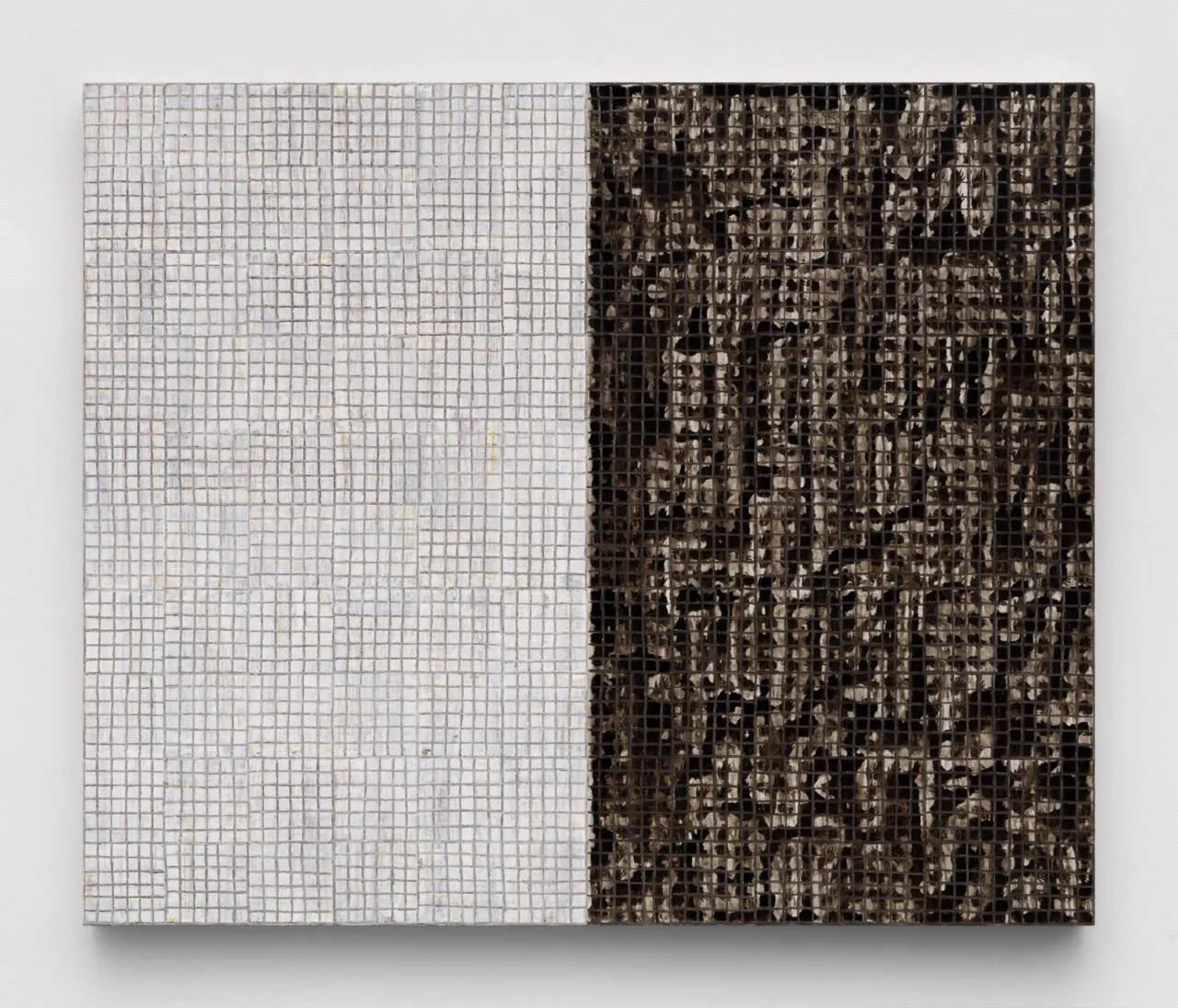 McArthur Binion Handmadeness:four, 2023 Ink, oil paint stick and paper on board 40 x 48 x 2 1/8 in 101.6 x 121.9 x 5.4 cm