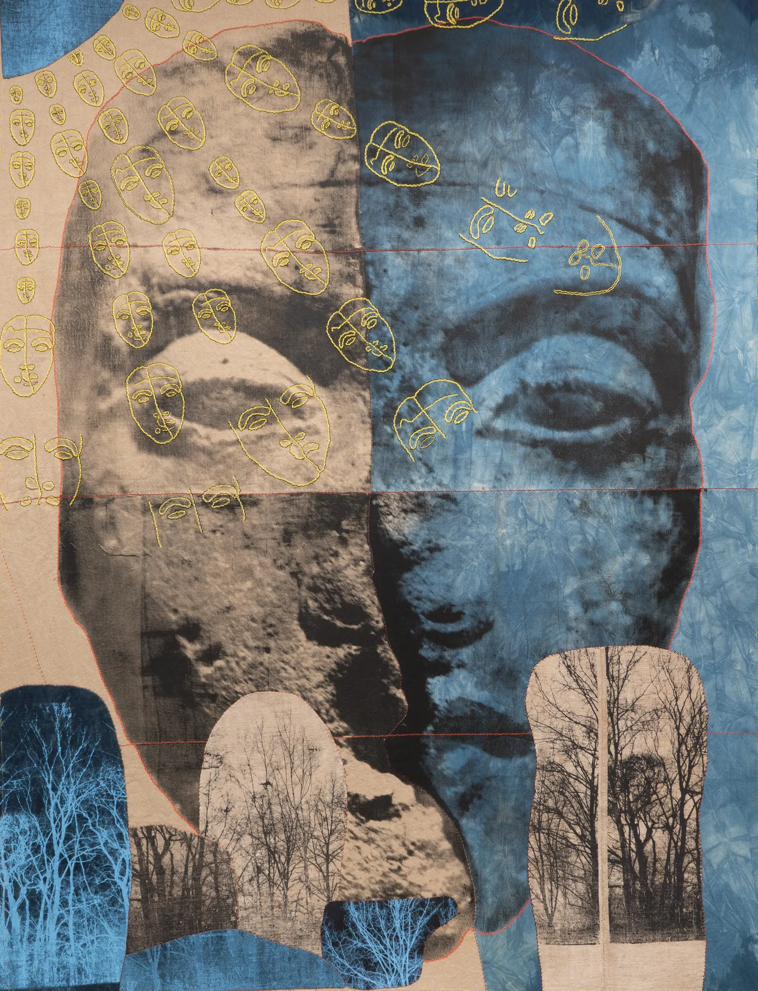 Zohra Opoku ‘My head shall not be taken from me. You shall raise me up. You shall make me new. You shall rejuvenate me’ [Extract from Chapter 43: Spell for ‘Not letting the head’ / An Ancient Egyptian Book of the Dead/ The Papyrus of Sobekmose], 2024 Screenprint on linen, screenprint applications, hand embroidery, hand stitched 104 3/4 x 77 1/2 in 266 x 197 cm