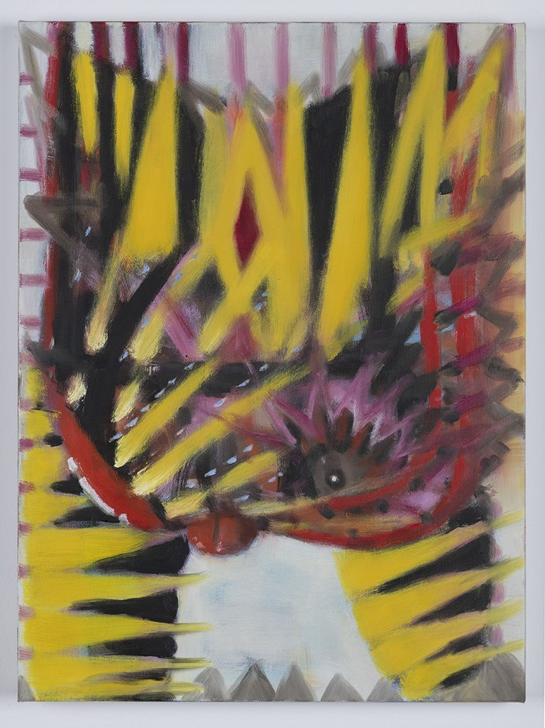 Mie Yim's "Hell Kitty" oil painting on canvas in various shades of gray, yellow, red, black and white. Long strokes of warm color dominates the canvas. There is a figure in the center that may resemble the cat from the title.
