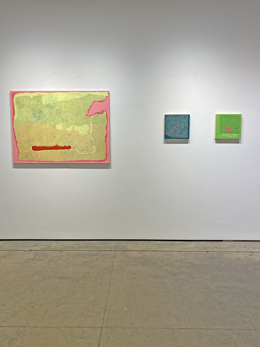 installation shot of three paintings by Maeve D'Arcy