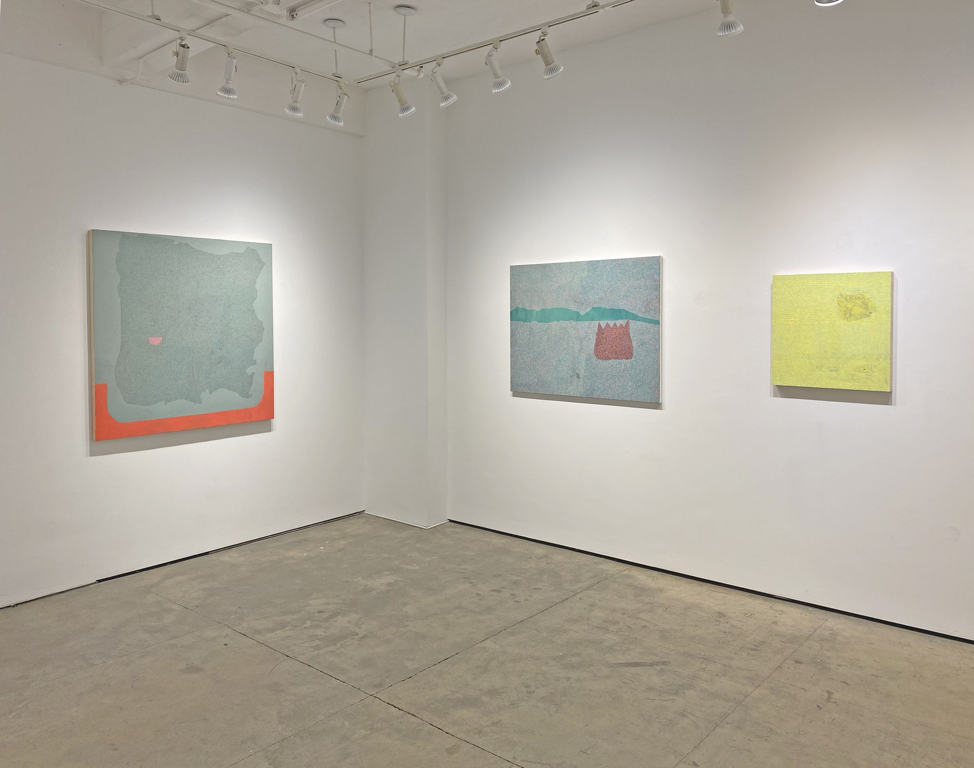 gallery view of three paintings by Maeve D'Arcy