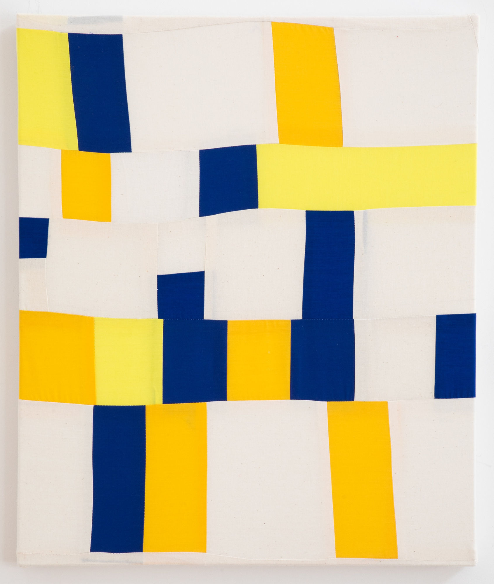 Painting of yellow and navy shapes with a white background