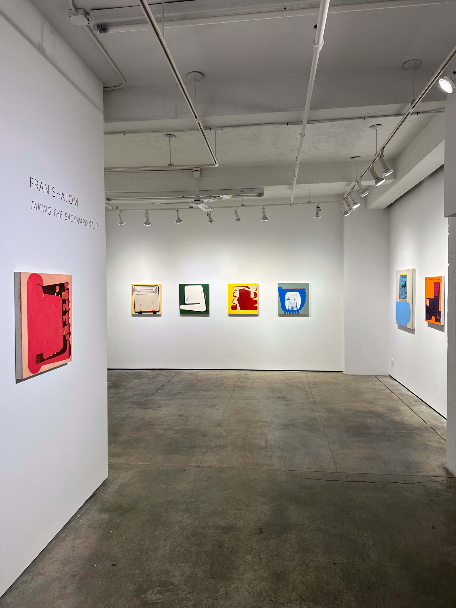 The exhibition: taking the backwards step, by fran shalom, with 7 paintings visible on the walls