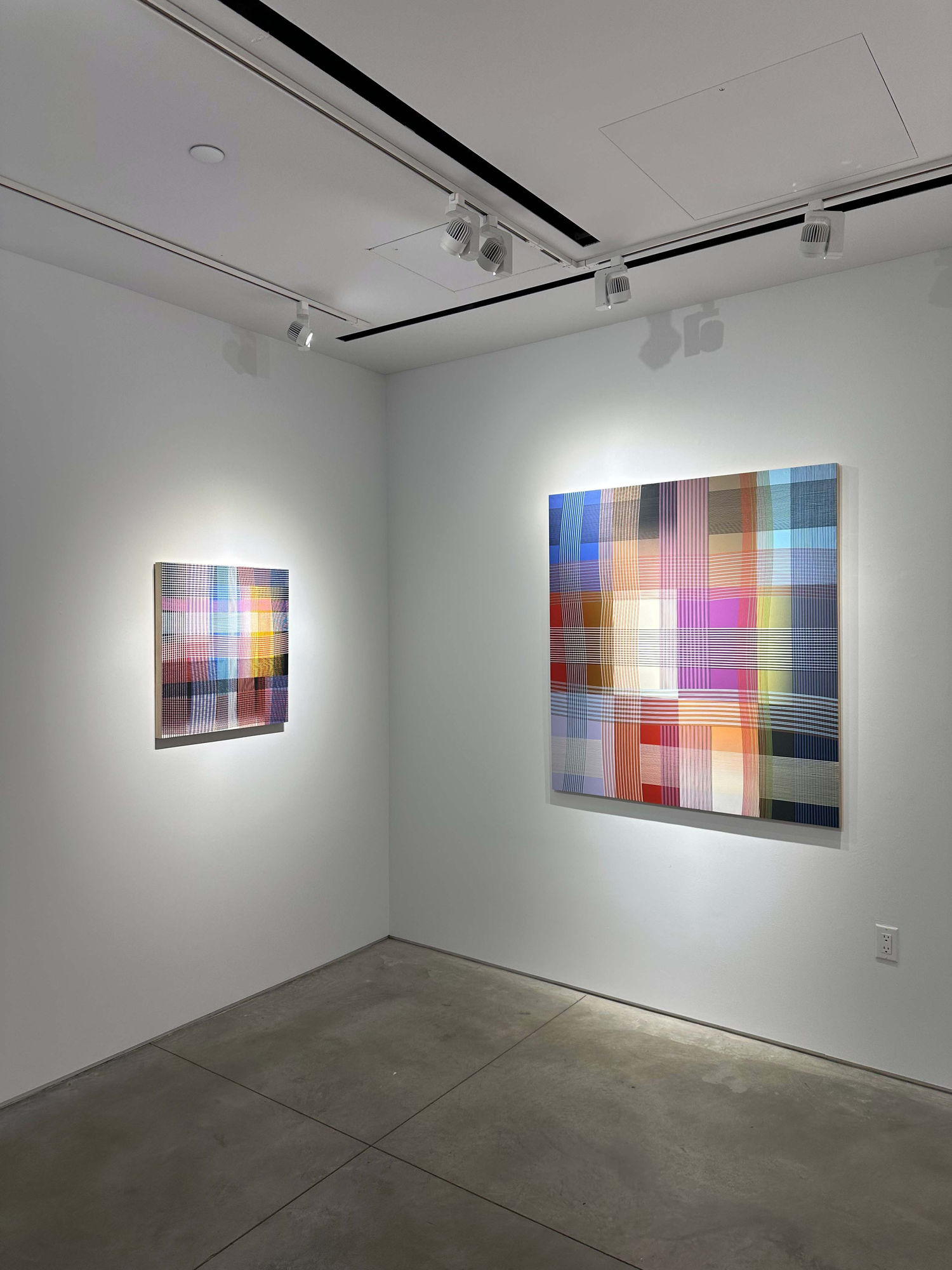 photo of an installation with two abstract paintings visible.
