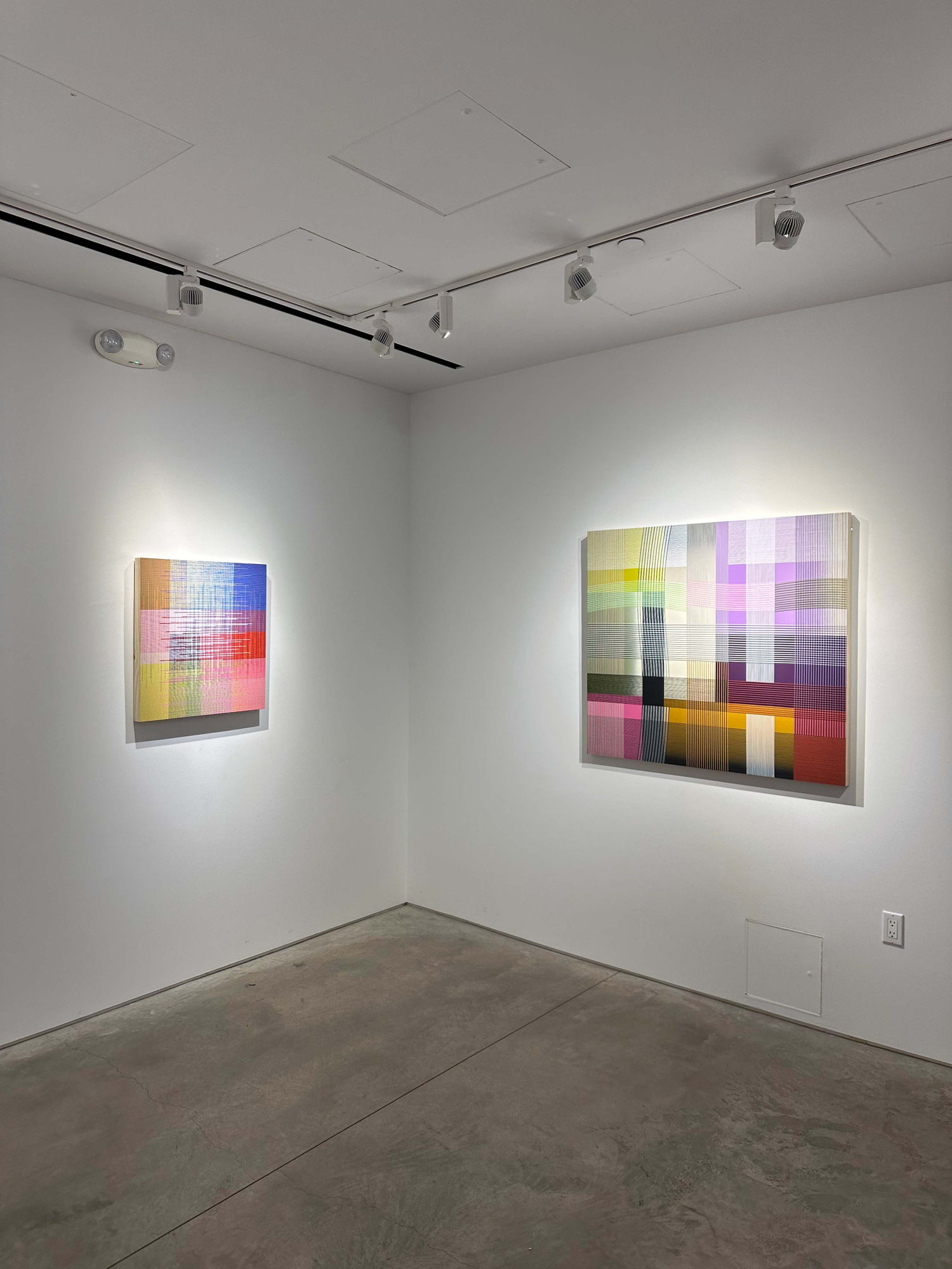 photo of an installation with two abstract paintings visible.