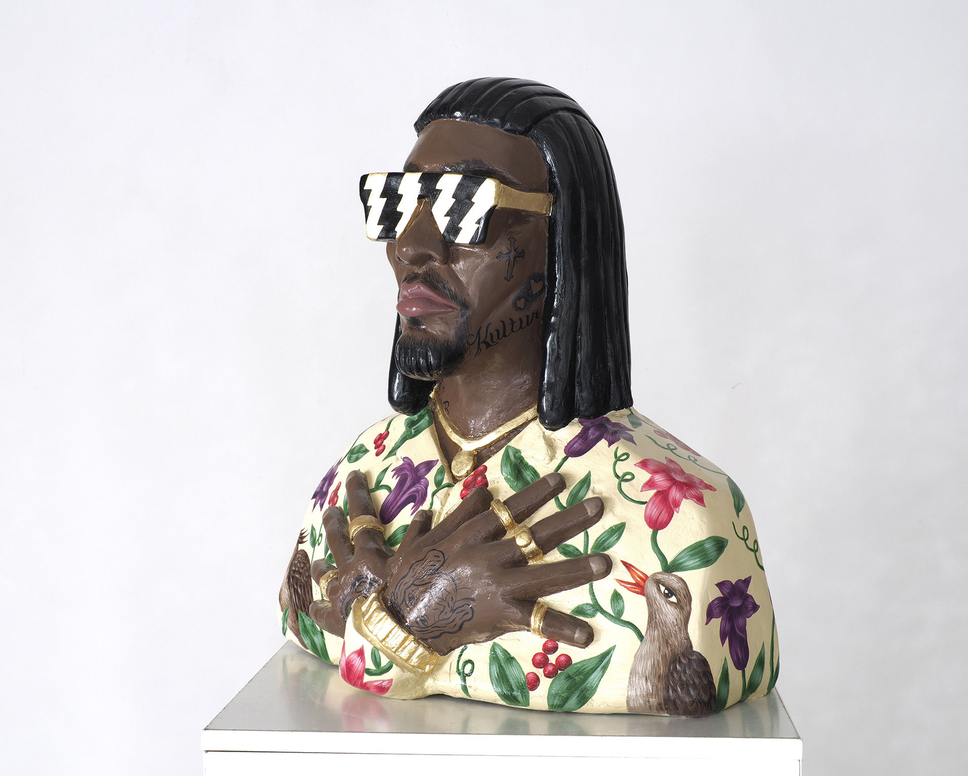 Offset, 2020, plaster, acrylic and gold foil, 63 x 52 x 20 cm