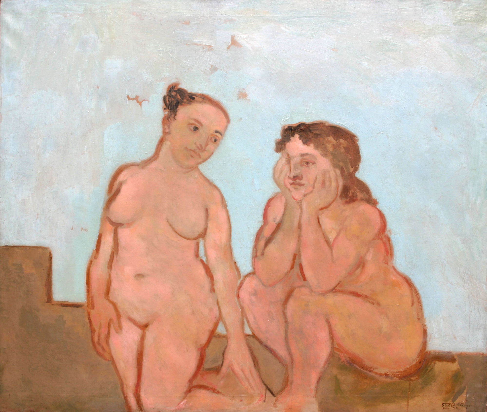 Women in conversation Exhibited at The Royal Academy, London, 1953; label verso Signed and dated 1953; signed and inscribed with title verso Oil on canvas 42 x 50 inches