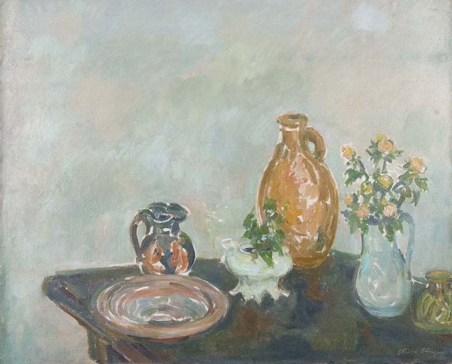 Still life with ranunculus Signed Oil on canvas 29 1/4 x 36 inches