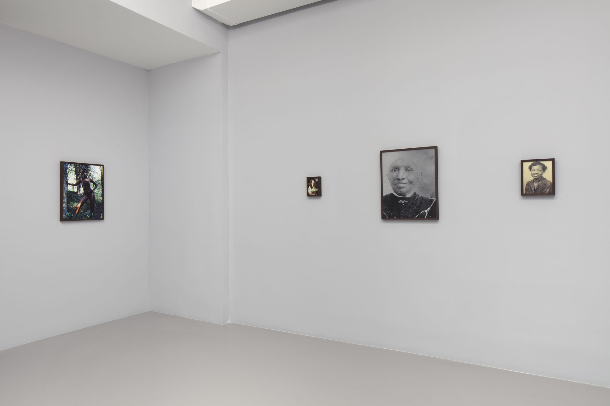 Installation view: Terence Nance, Vickie Lynn as First Witch by Norvis Daryl, c. 1980; Freddie from Irene, c. 1970; Easter from the East; Lois Louise from Willie.