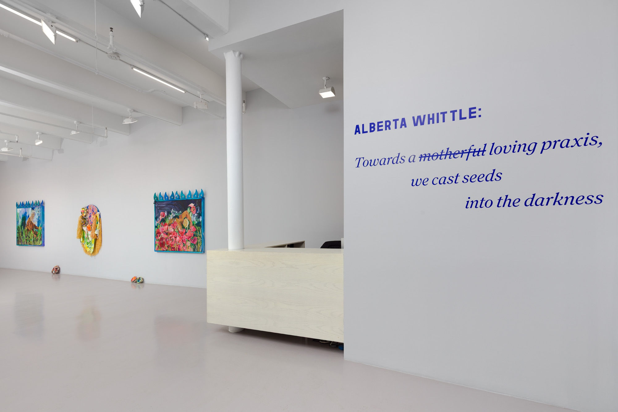 Installation view of Alberta Whittle: Towards a m̶o̶t̶h̶e̶r̶f̶u̶l̶ loving praxis, we cast seeds into the darkness at Nicola Vassell Gallery. Photo: Lance Brewer