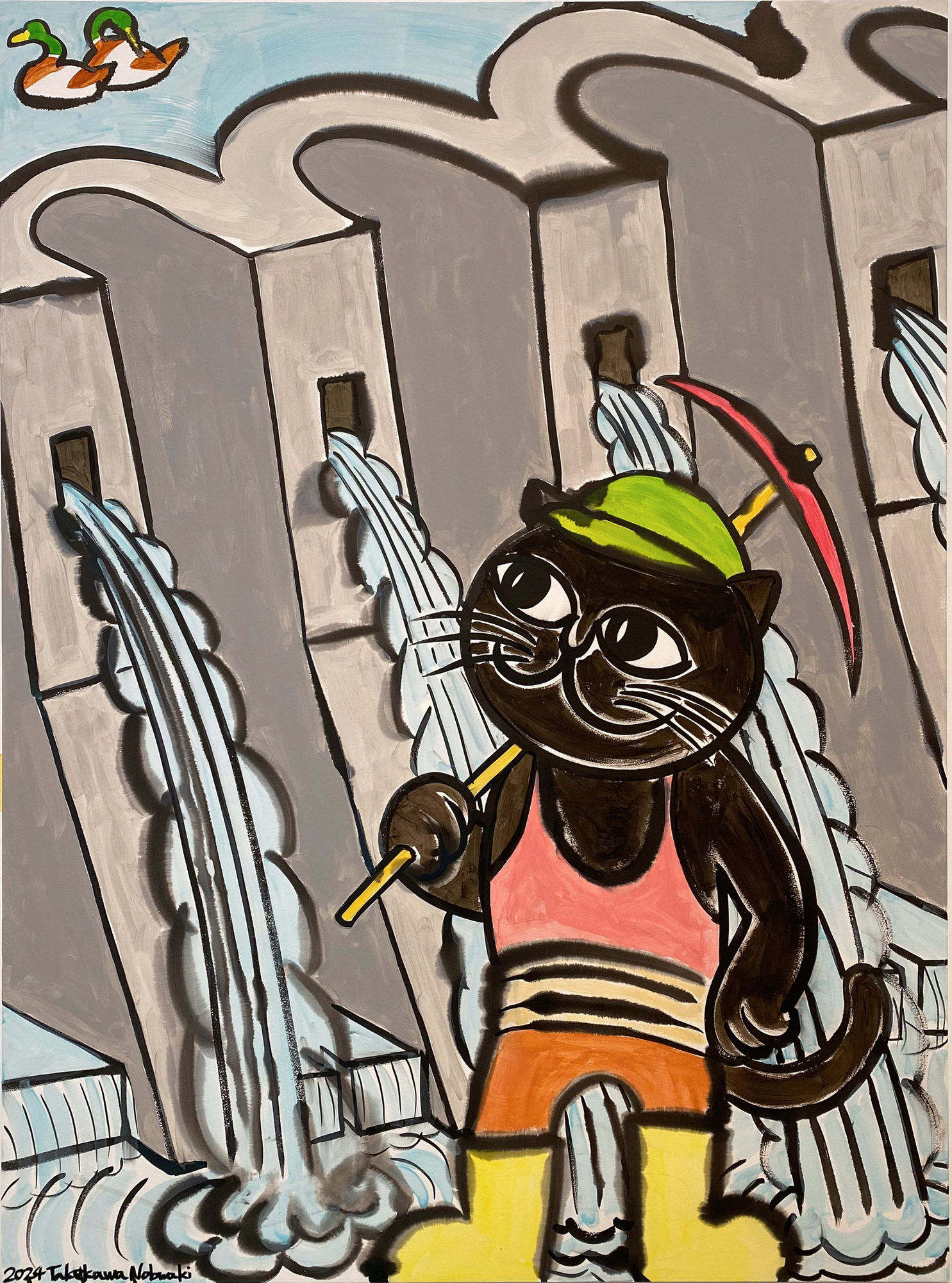 Nobuaki Takekawa, Dam that Imitates American Technology, 2024, Ink, acrylic on paper mounted on wooden board, 130.3 x 97 cm With the development of hydropower, the latest dam technology was also introduced from abroad. The dam depicted here is modelled on the Toyotoshi Pond Dam. It was used for agricultural purposes and incorporated the multi-arch type, seen as the latest technology in the US at the time.