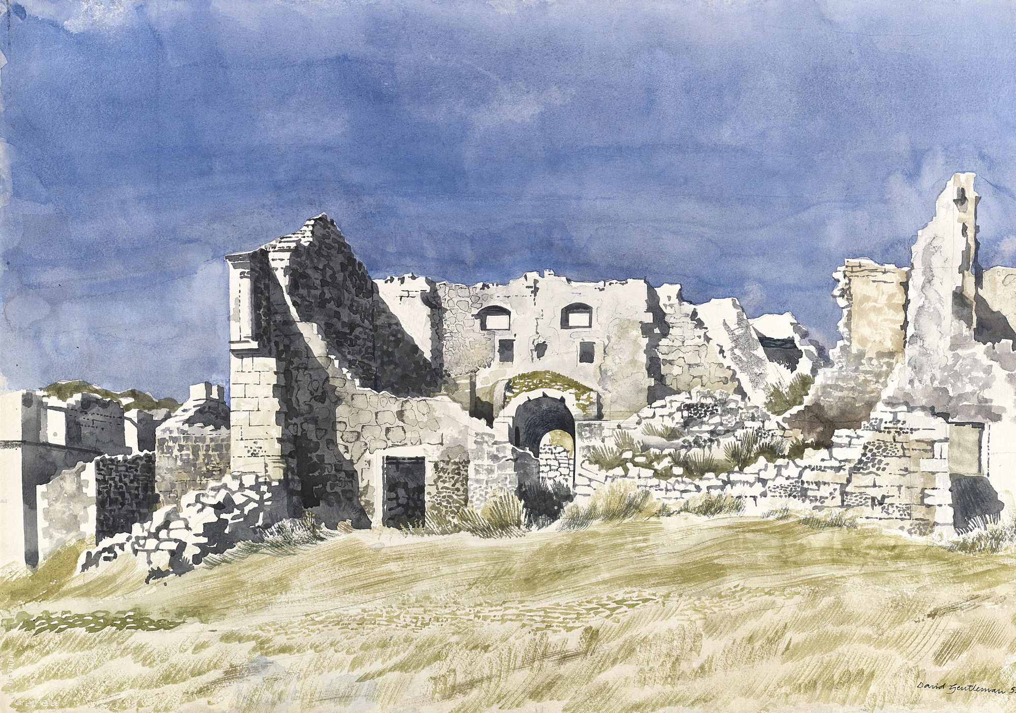 David Gentleman, Les Baux-de-Provence: Castle ruins on hilltop, 1954