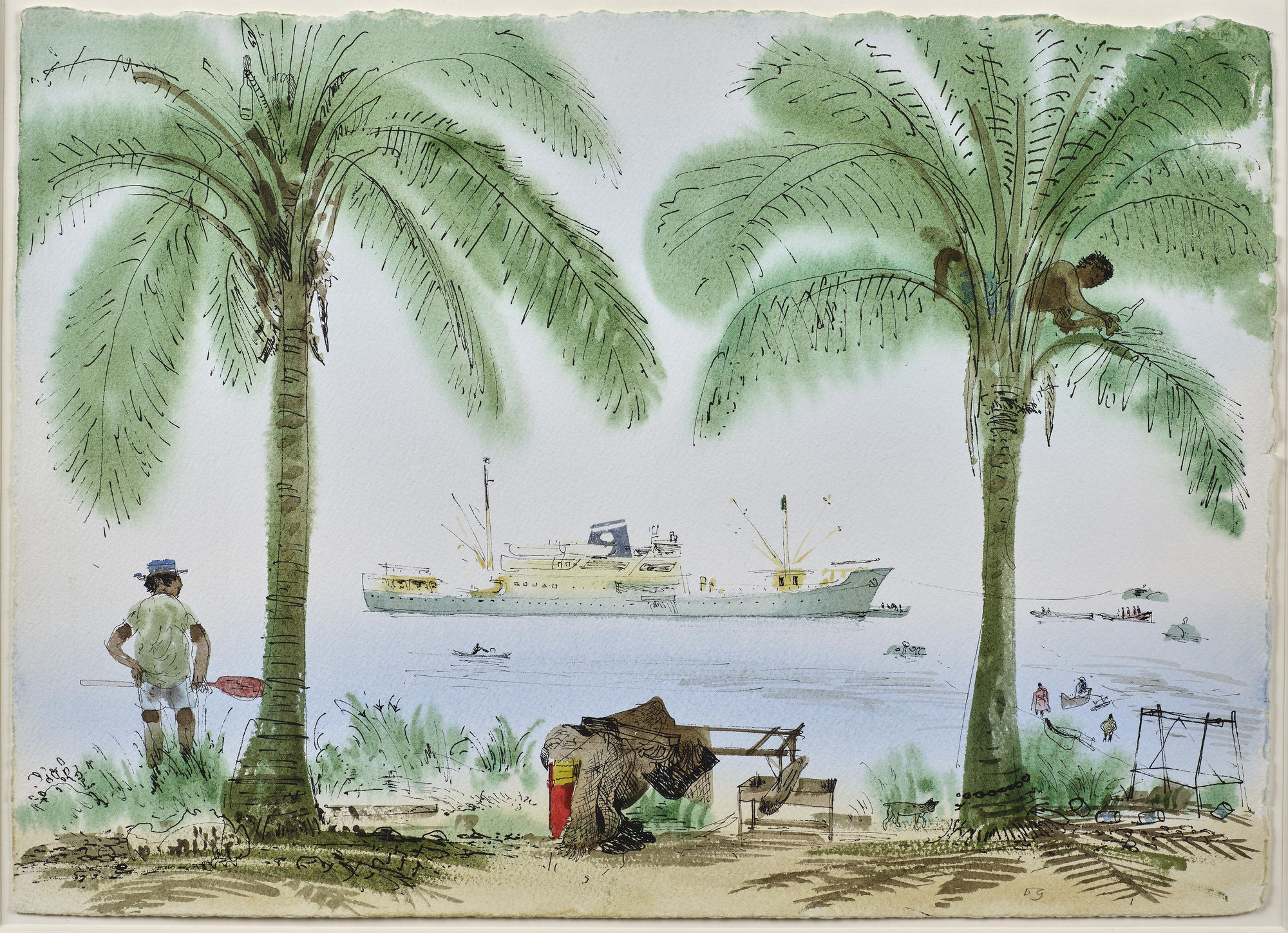 David Gentleman, Nauru: Phosphate freighter and palm trees, 1976