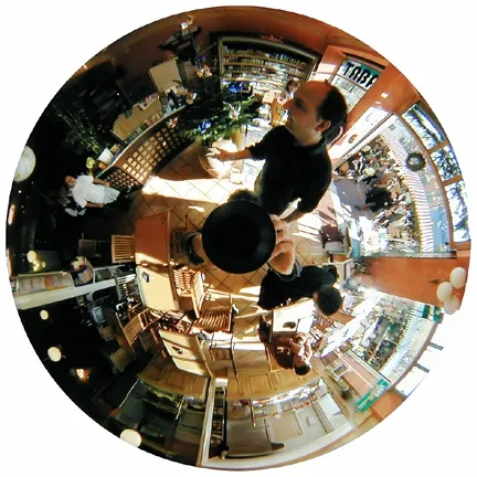 Luc Courchesne, 00/12/19-3 (Nice), still photograph from the Panoscopic Journal, 2000-2002, archival digital print and rotational device mounted under glass, 25 cm diam. edition of 6