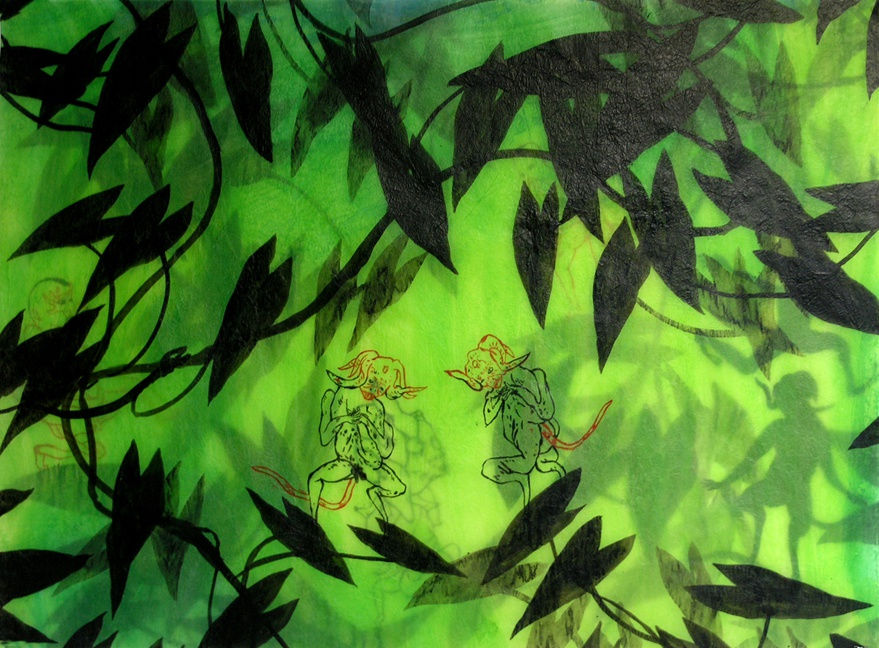 The Garden: Two Watchmen, ink on glassine, 2003 & 2005, encre sur double page de papier glassine, 86 x 117 cm