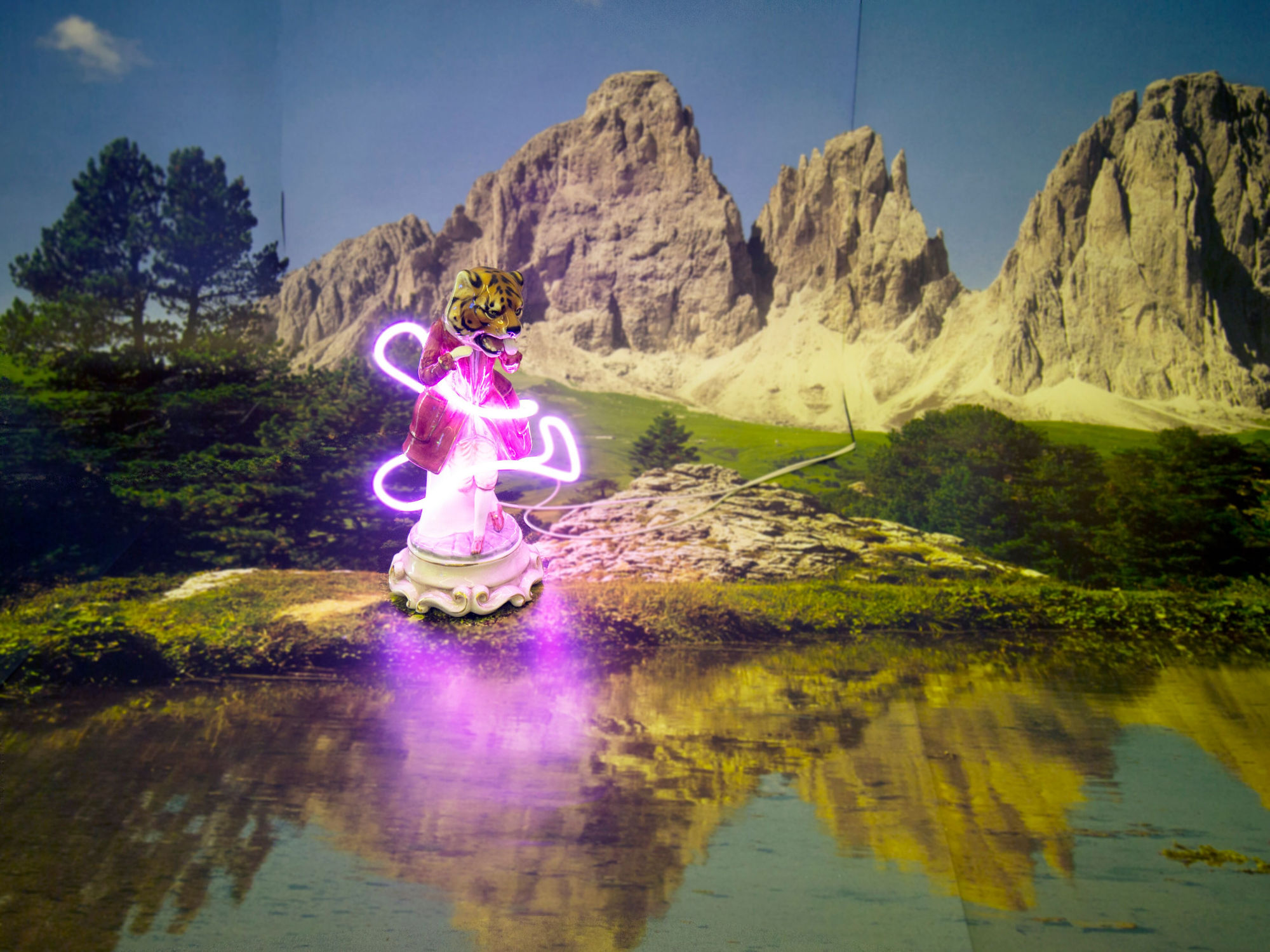 Volkan Aslan, The Perfect Day, Rest House Thinking One Thing, Saying Another, 2015, wallpaper, neon, found porcelain statues, 270 x 330 x 40 cm