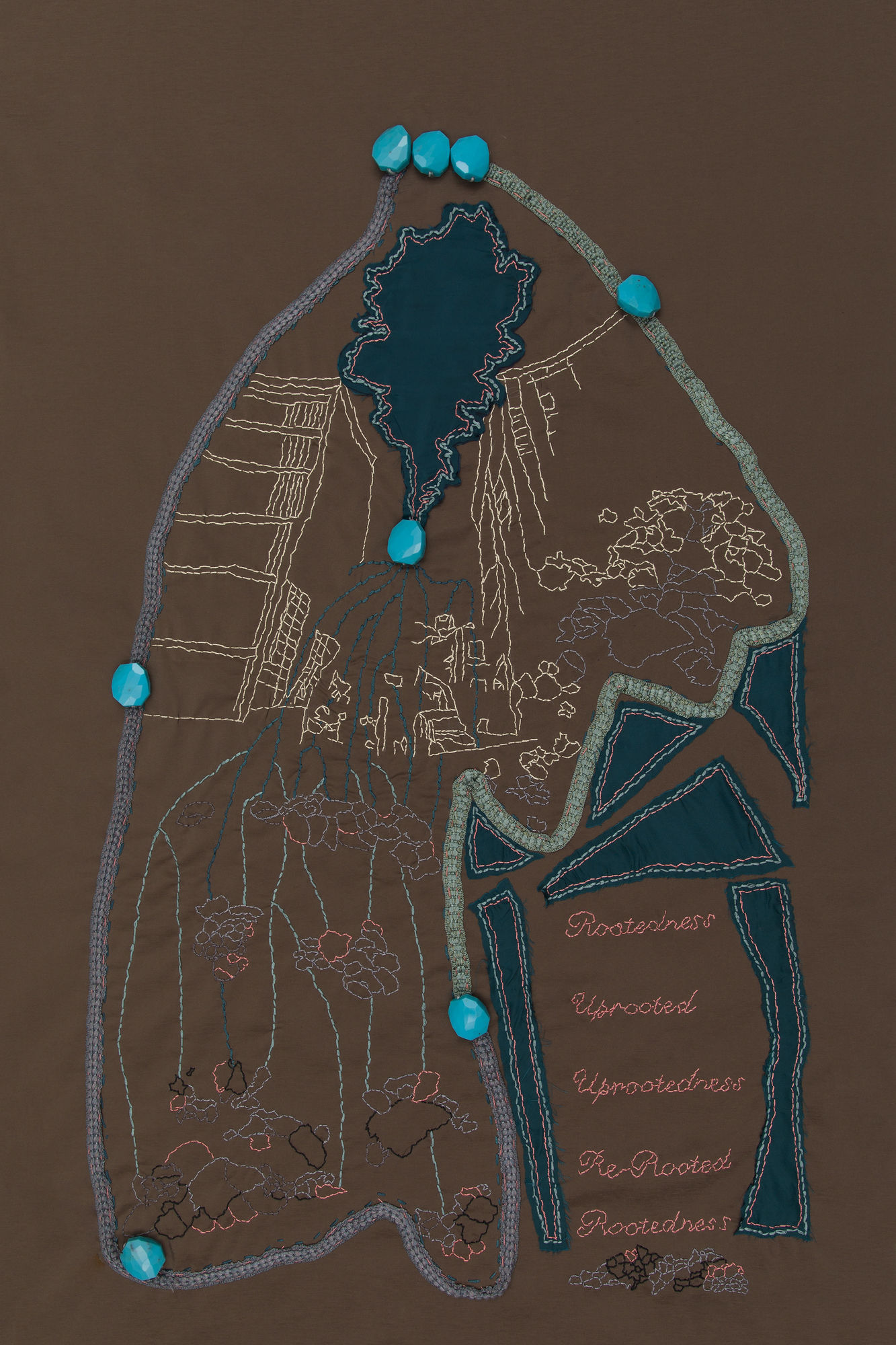 Rootedness 2020 Cloth, needlework, turquoise stones 105 x 63 cm
