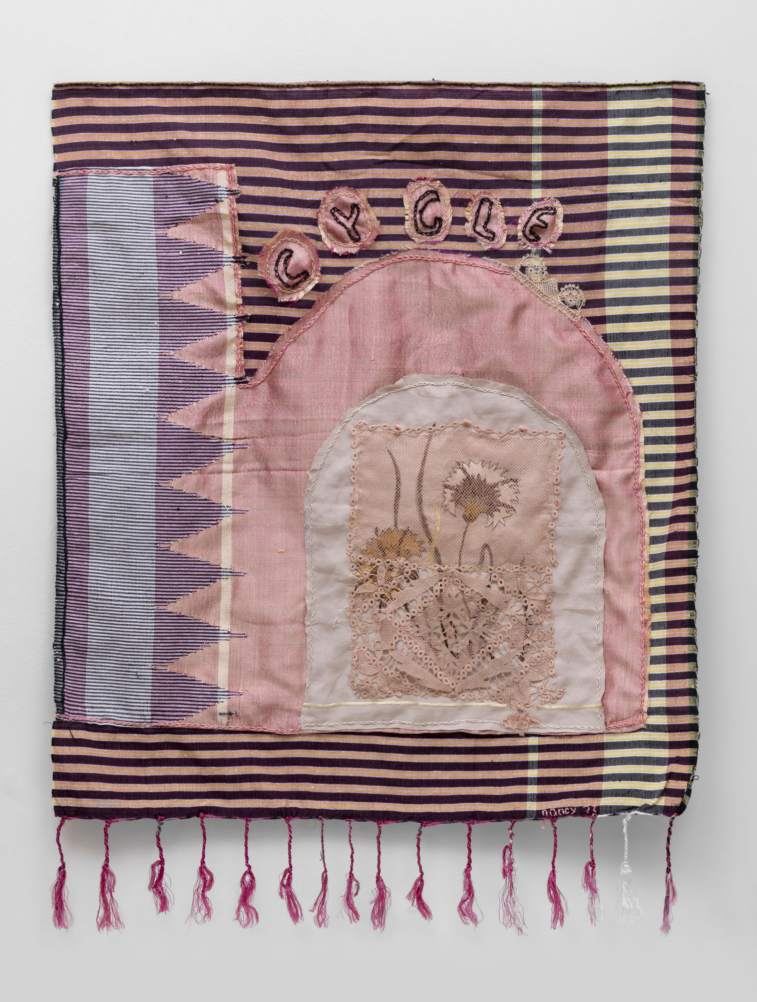 Nancy Atakan Cycle 2022 Background cloth gifted by Ela Atakan Gifted Antique cloth needlework, chain stitch needlework 72 x 64 cm
