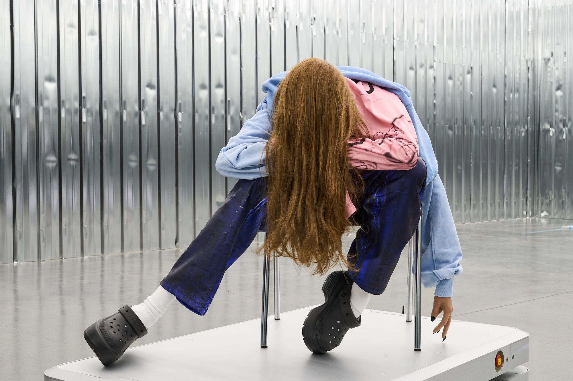 :mentalKLINIK MICA, 2025 PROFILE SERIES SOFTCORE RADICAL, BACKROOM BABY, SELF-BANNED, AUTO-GLAM, POLITELY PARANOID, LOW-EFFORT ICON, HYPER EMPATH, SHAMELESS AI_generated sculpture, mannequin, artificial hair, silicone, clothes, shoes, chair, autonomous mobile robots (140.6 x 90 x 29.5 mm), sound 91 x 93 x 114 cm Unique