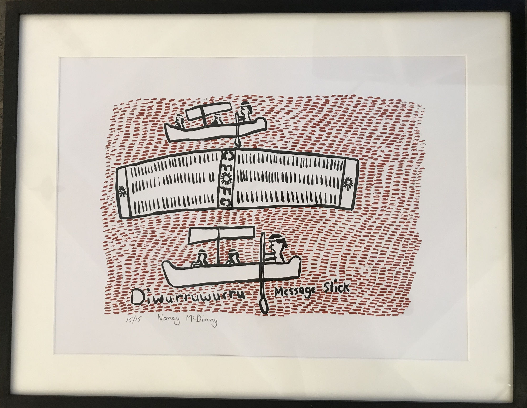 Nancy McDinny, Message Stick, screen print, 49 x 61 cm, 19 1/4 x 24 1/8 in (edition of 15)