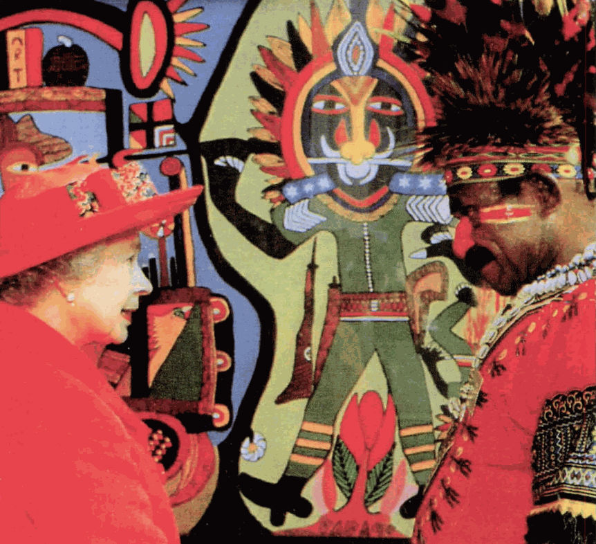 Mathias Kauage with Queen Elizabeth II at the opening of the Glasgow Museum of Fine Art in 1996