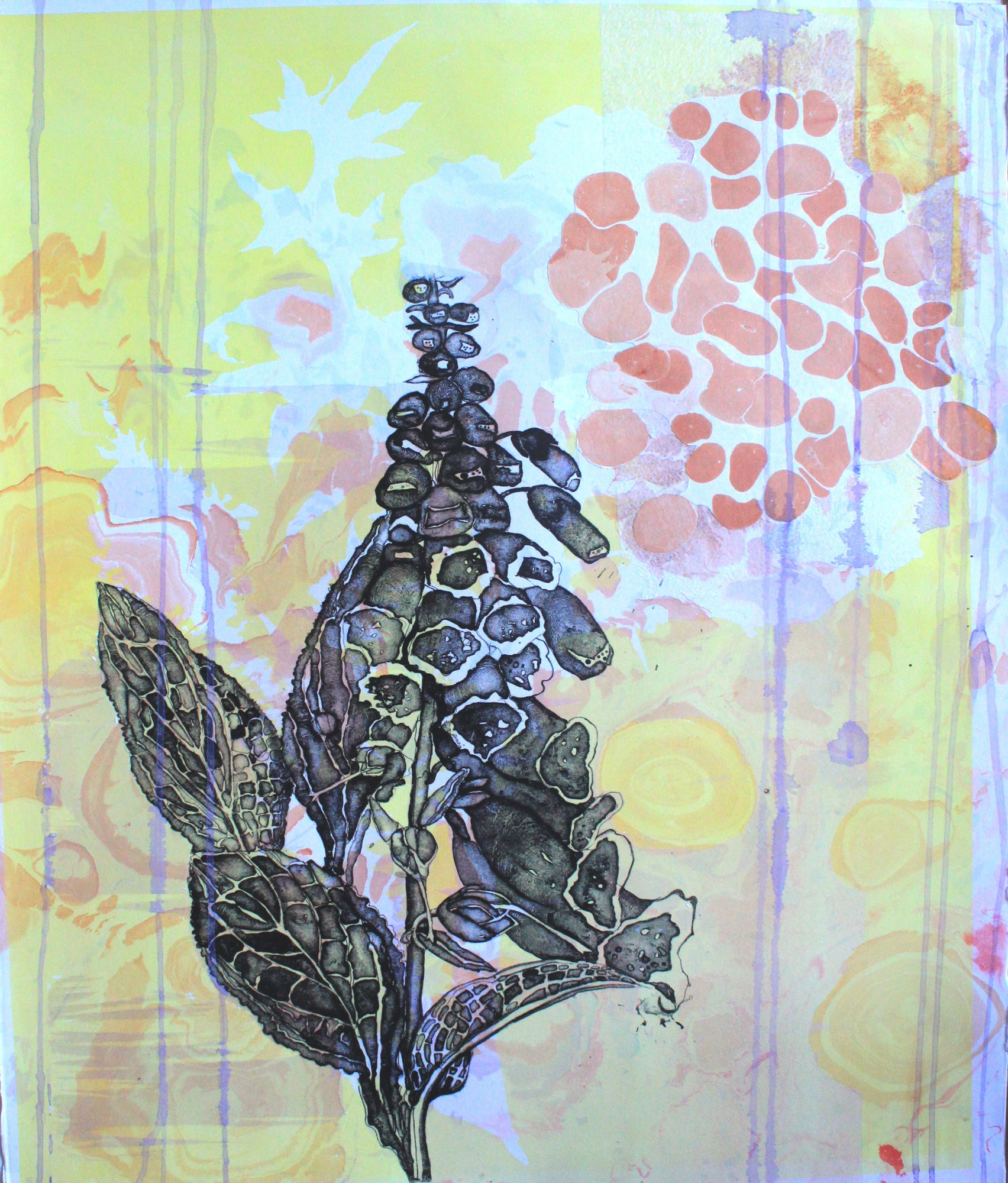 Elspeth Lamb RSA, Foxglove, lithograph with collage, 76 x 54 cm