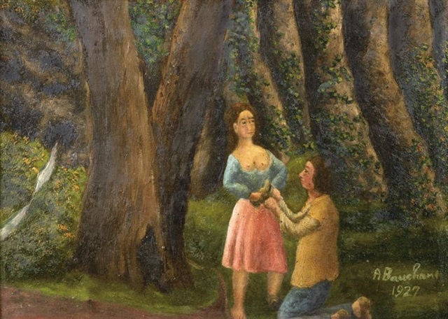 André Bauchant La Déclaration, 1927 Huile sur panneau de bois 24 x 33 cm