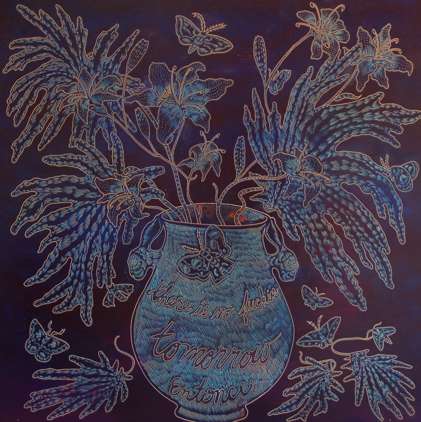 Richard Armendariz There is No Fuckin' Tomorrow, Entonces, 2020 Signed and dated on back of artwork Carved oil on birch panel 48 x 48" 121.9 x 121.9 cm