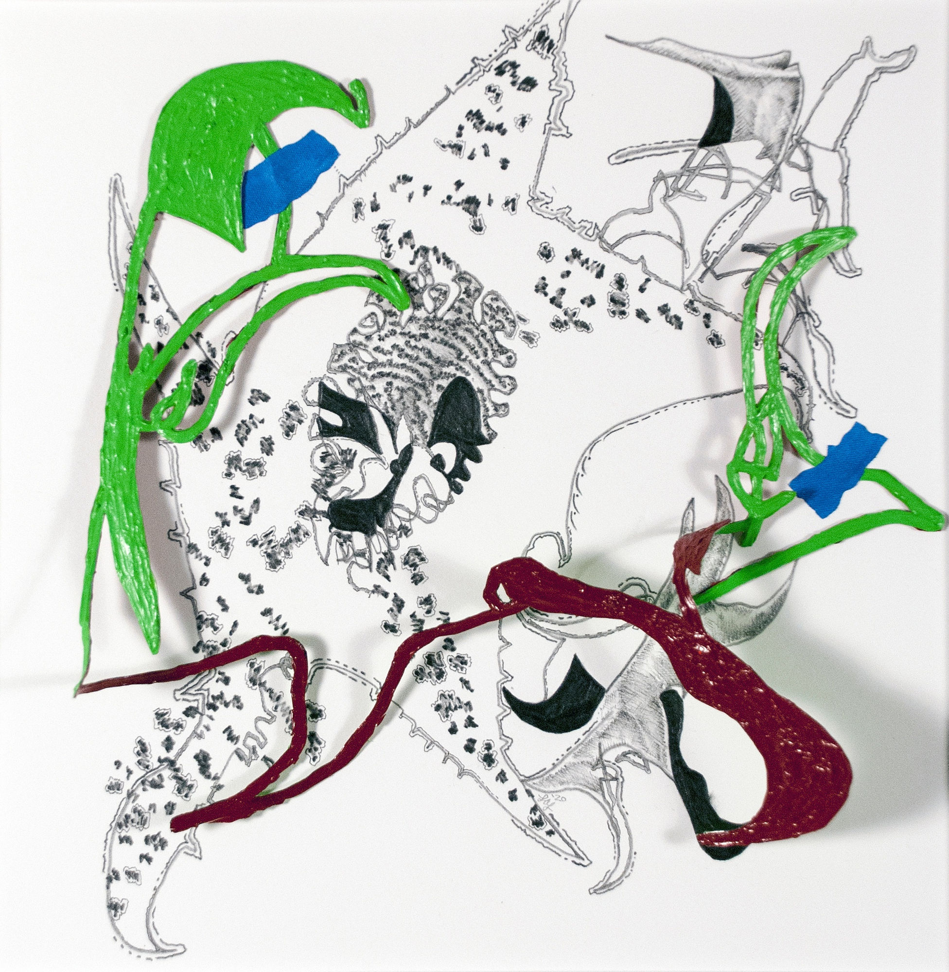 Artwork Image: Leigh Anne Lester, Blind Diversification #5, 2020, Graphite on paper acrylic paint on drafting film and acrylic paint on linen tape, 16.25 x 16.25 in 41.3 x 41.3 cm (7174)