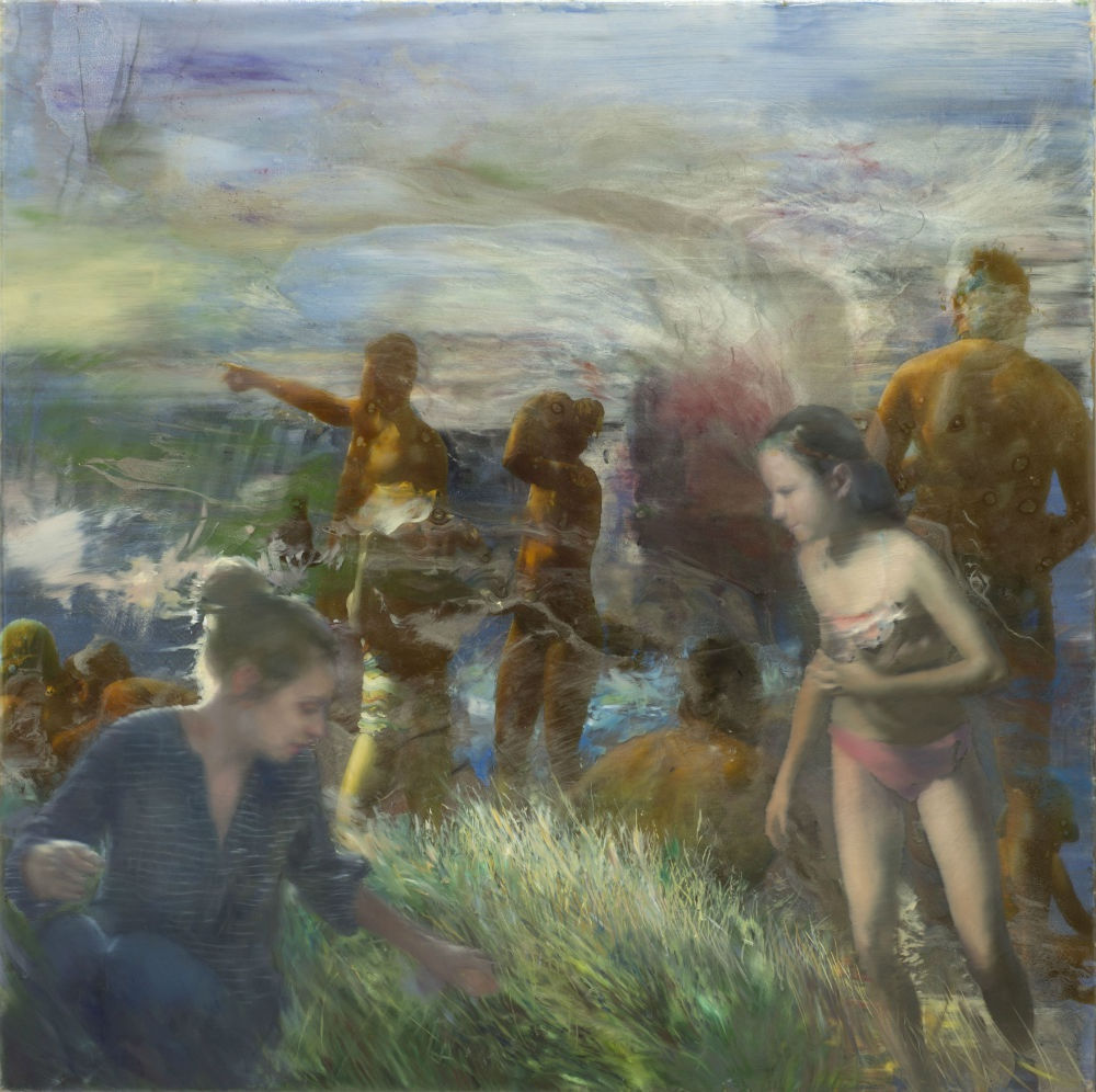 DIMITAR GENCHEV - LANDSCAPE WITH FIGURES - OIL AND RESIN ON CANVAS - 76 X 76 CM