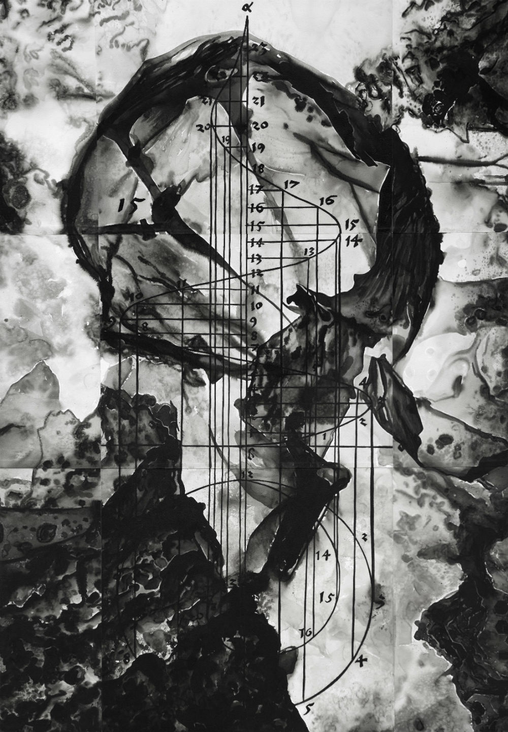 RADENKO MILAK - SPIRAL OF DISTANCE IN THE INFINITELY SMALL, DARK MATTER SERIES - 2017 - WATERCOLOR ON PAPER LAMINATED ON DIBOND - 200 X 145 CM