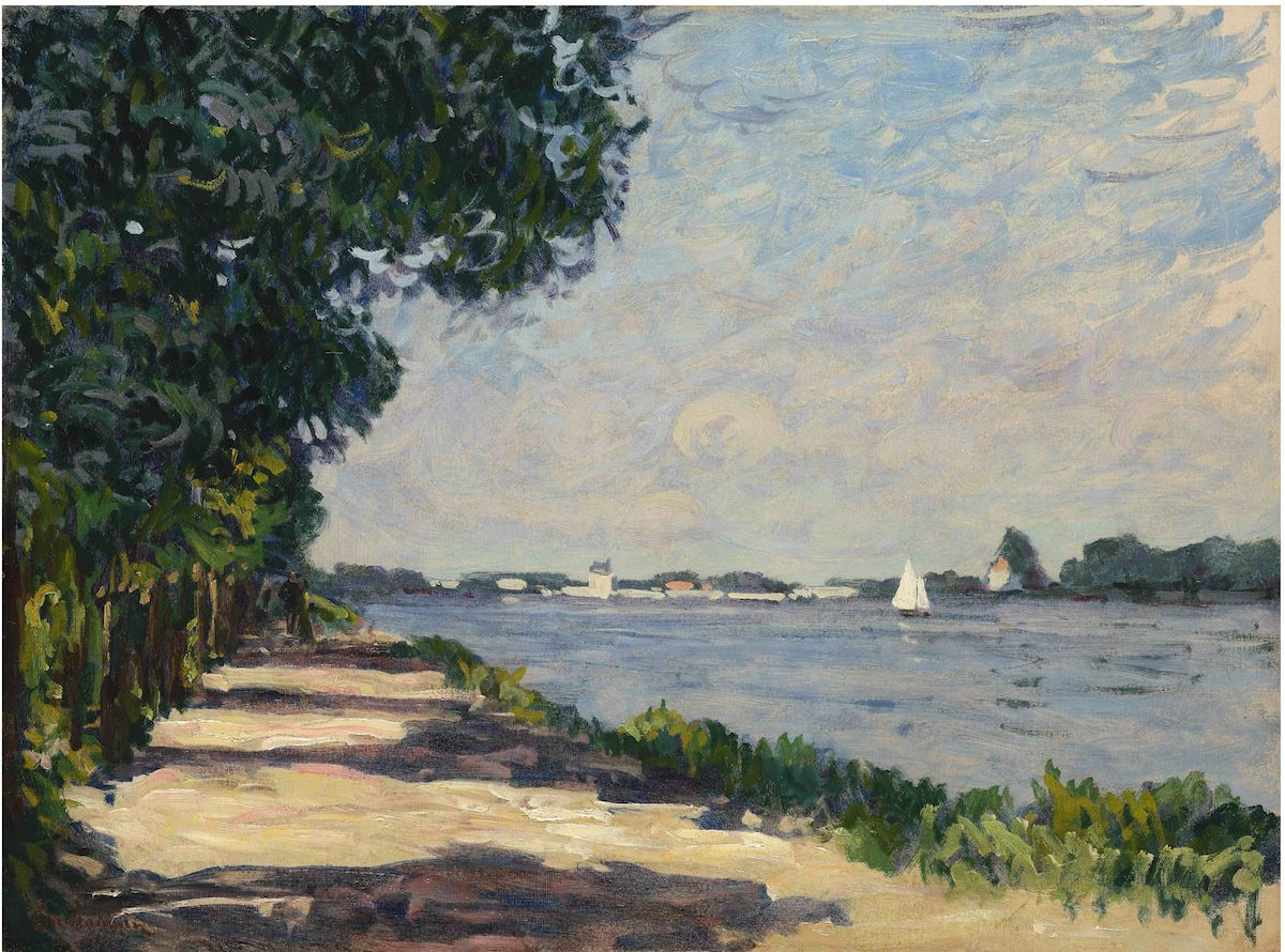 Armand Guillaumin Au bord de la Seine, Argenteuil, c.1885 Oil on canvas 54.3 x 73 cm 21 3/8 x 28 3/4 inches Signed lower left 'Guillaumin' Sold by the gallery.